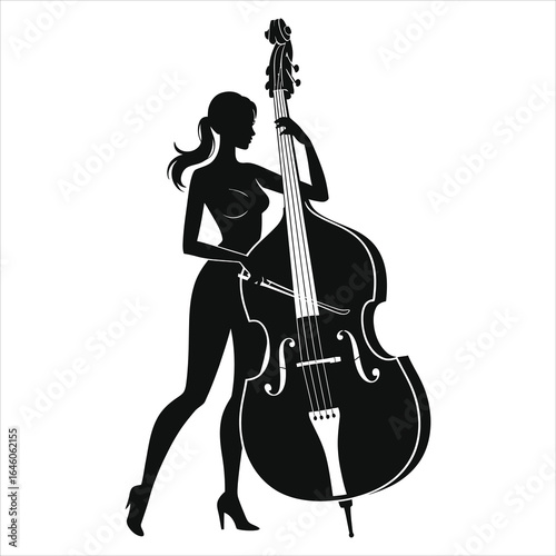  Silhouette of a female musician kneeling, singing into a microphone while playing a large string instrument (cello or bass); bold black-and-white vector art; dramatic stage performance