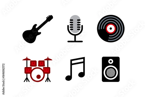 Illustration depicting musical instruments and audio equipment in a simple flat design style layout
