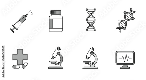 Illustration showing medical icons including syringe, pills, dna, microscope and monitor display of heart rate