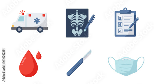 Illustration depicting medical themed objects including ambulance, x ray, clipboard, and surgical tools