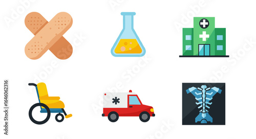 Illustration of medical equipment and facilities including ambulance and x ray image shown here