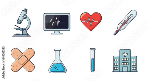 Illustration of medical icons including microscope monitor heart thermometer and more icons shown here