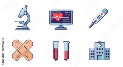 Illustration of medical equipment including microscope monitor thermometer and hospital building icon set