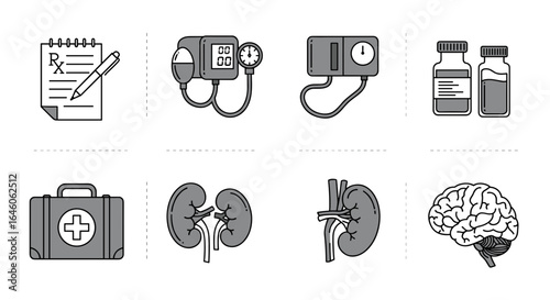 Collection of medical icons featuring prescription pad, blood pressure monitor, bottles and human organs