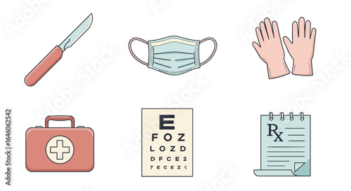 Illustration showing medical equipment including a scalpel, mask, gloves, and first aid kit with eye chart