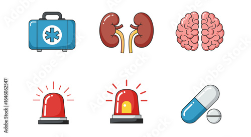 Medical themed icons showing first aid kit kidneys brain sirens and pills in a cartoon style design art