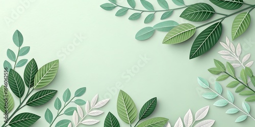 Elegant Paper-Cut Style Background with Green Leaves on a Soft Mint Green Backdrop, Ideal for Minimalist and Nature-Themed Designs

