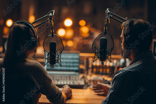 Two people recording a podcast in a professional studio, warm studio lighting, microphones and pop filters visible
