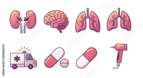 Illustration showcasing human organs, ambulance, pills and medical drill on a white background design