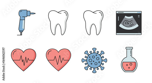 Illustration showing dental drill, teeth, ultrasound, hearts, virus, and a flask with red liquid
