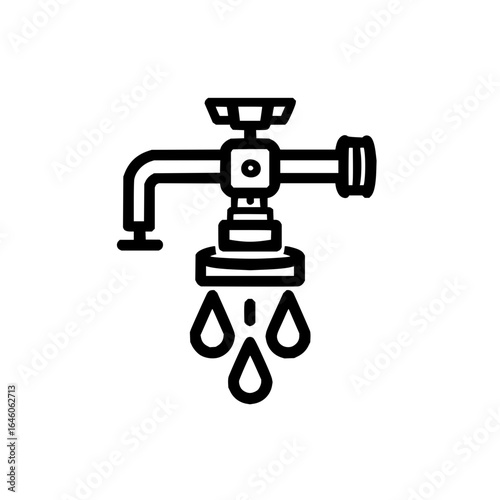 Illustration of a black outline faucet with a cross handle and water droplets falling from it on a white background