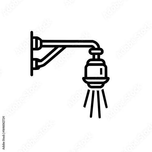 Illustration of a shower head with water coming out mounted on a wall with pipes in black outline