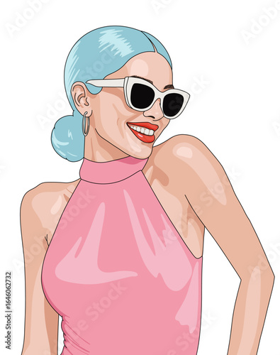 Cheerful Blue Hair Woman on Smiling Waring Sunglasses on Summer Vacation Outfit