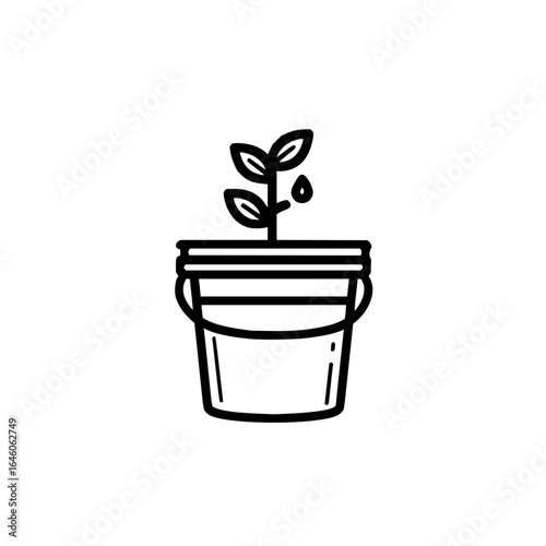 A simple black and white line drawing of a plant growing in a bucket with a water droplet falling off