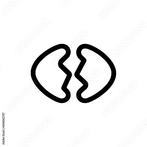 A simple black and white drawing of a cracked object with jagged edges against a white background view
