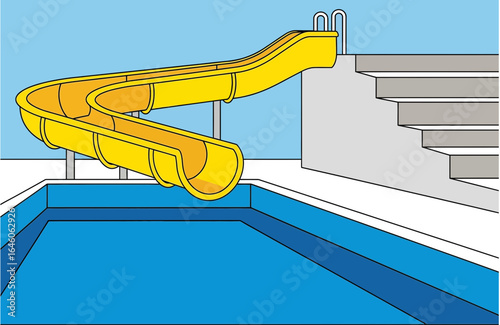 A Bright Yellow Waterslide Curving Into a Blue Swimming Pool