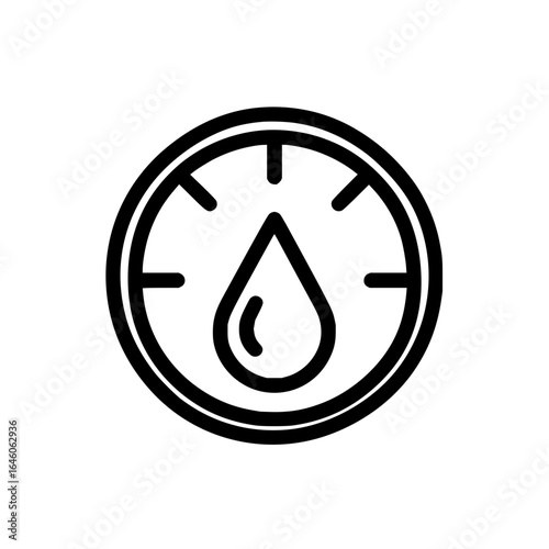 A black and white icon showing a water droplet inside a circle with small lines around the perimeter edge