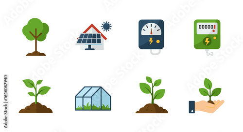 Illustration showcasing renewable energy sources and sustainable agriculture practices icons set up nicely