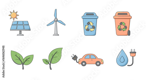 Illustration of sustainable energy sources recycling and environmentally friendly practices icons set up in rows