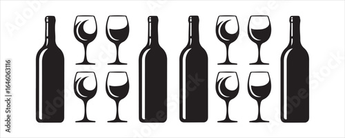 Wine Bottle and Glass Silhouette Icons - Elegant Drink and Beverage Symbols