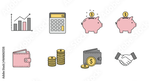 Illustration showing financial growth with a graph calculator piggy banks wallets coins and handshake icon
