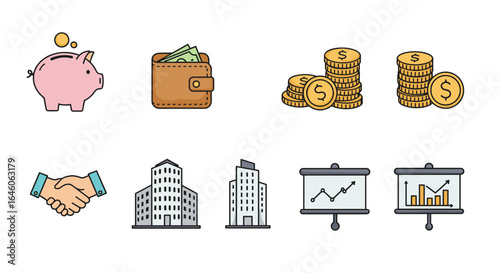Illustration of financial and business elements including piggy bank wallet coins handshake buildings and graphs