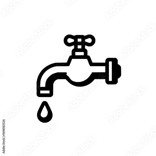 A black and white illustration of a faucet with a water drop coming out from the spout design icon