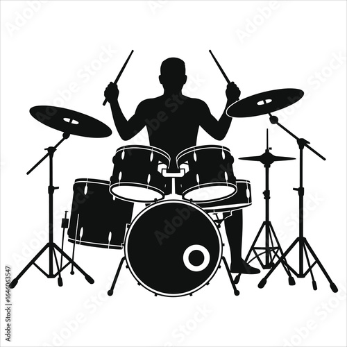  Silhouette of a dynamic drummer performing behind a full drum kit with cymbals; raised sticks, bold black-and-white vector art, capturing stage energy, live music vibe