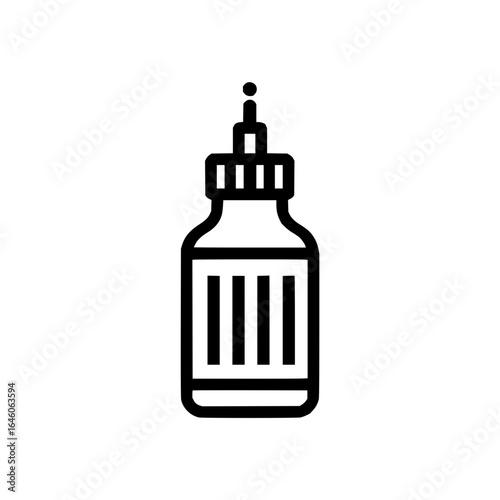 Black outline illustration of a bottle with a dropper top and vertical lines on the label area design