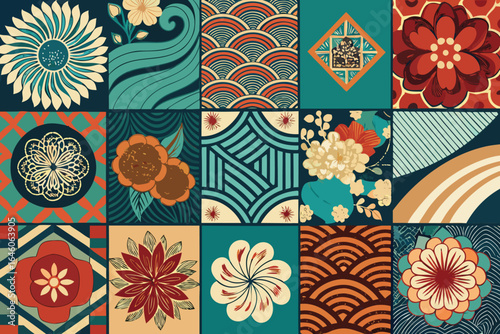 Decorative floral tile design with retro style featuring various patterned square panels with botanical and abstract elements