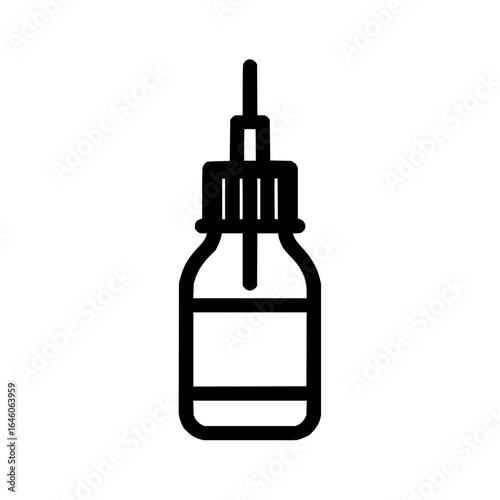 A simple black and white line drawing of a bottle with a dropper style lid and a label area on the body