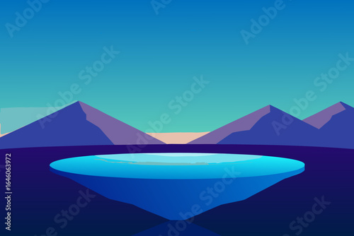 Surreal floating island with a pool of water against a mountainous backdrop