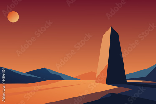 Minimalist geometric landscape with a tall obelisk and distant mountains