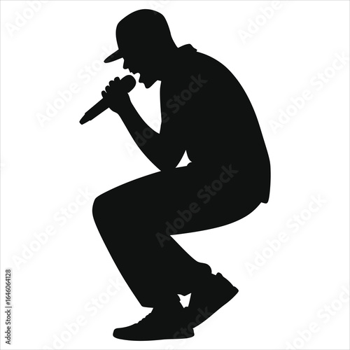 Dynamic Silhouette of a Male Rapper Squatting with Microphone - Stylish Hip-Hop Artist, Modern Music Concept, Vector Illustration for Music Events & Album Covers