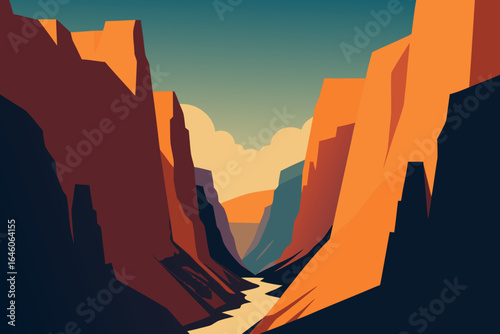 Stylized geometric canyon landscape with river and clouds at sunset