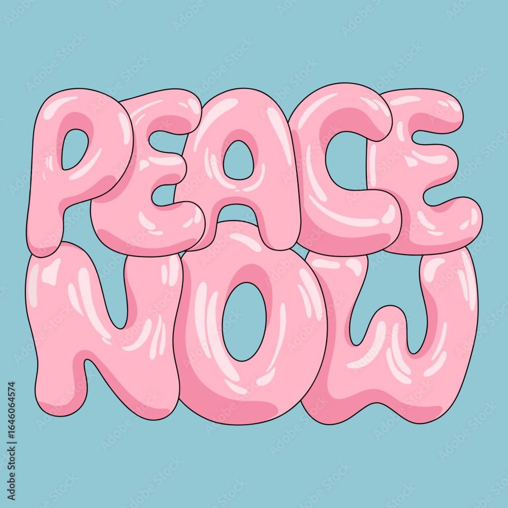Glossy 3D Pink Bubble Font Peace Now Text Y2K Style. Playful Inflated Balloon Letters Design. Trendy English Typography. Realistic Vector Illustration