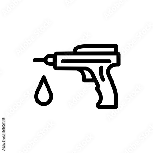 Outline icon of a caulking gun with a drop of liquid dripping down in a white isolated background view