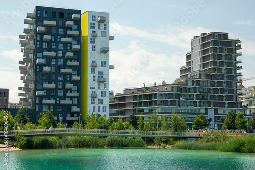 Vienna, Austria - June 14, 2023: Seestadt residential complex near Lake Asperner in Vienna