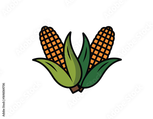 Two ripe corn cobs with green leaves, farm fresh vector clipart, isolated on white background.