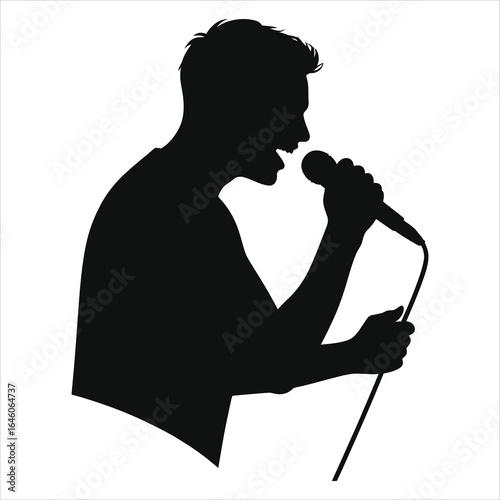  Silhouette of a male singer performing with handheld microphone on stage; bold black-and-white vector art; dynamic vocal performance, concert energy, stage presence, stock-friendly imagery