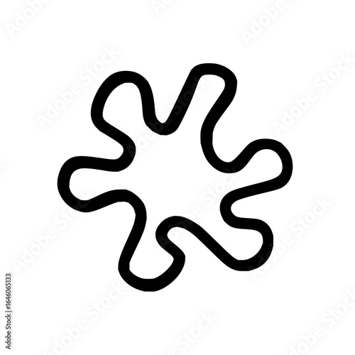 A black ink blot with six rounded protrusions emanating from a central void on a white background art
