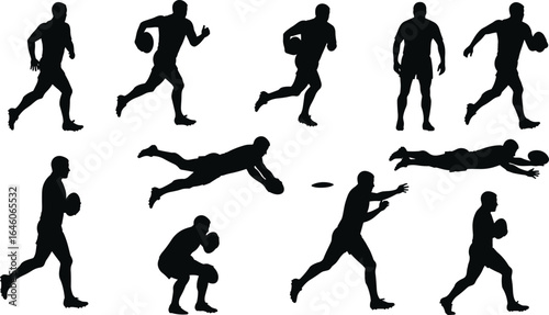 Rugby player silhouettes in action, vector icons of men running, catching, diving, passing, and tackling with rugby ball.