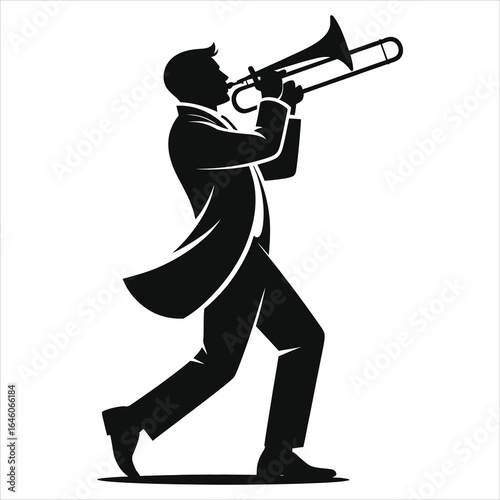 Silhouette of a street musician blowing a trumpet while marching, wearing a formal coat and hat; bold black-and-white vector art capturing rhythm and parade energy; jazz performance illustration stock