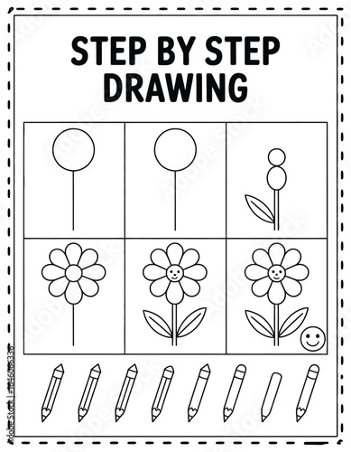 Simple flower drawing tutorial in six easy steps for children. Educational worksheet for art class and creative hobby development.