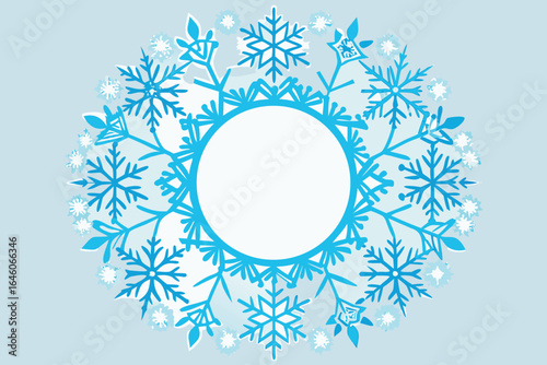 Elegant blue winter snowflake wreath illustration with empty circular space suitable for seasonal holiday designs