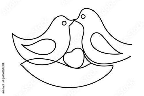 Two birds kissing over a heart in a nest line art single line love