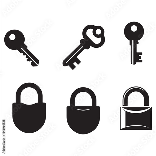 Collection of keys and locks in black and white simple security concept vector graphic elements for security illustration
