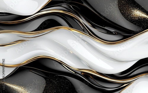Abstract Black, White, and Gold Fluid Design with Sparkling Accents
