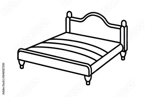 Classic four poster bed with curved headboard and striped mattress illustration