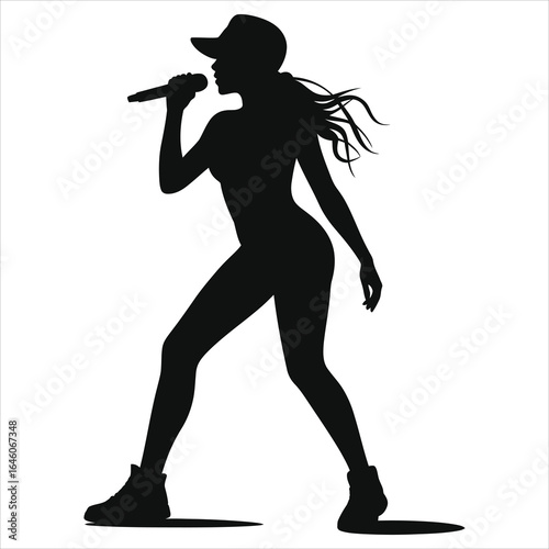 Dynamic Silhouette of a Female Rapper Performing with a Microphone - Stylish Hip-Hop Artist in Action, Modern Music Concept, Vector Illustration for Music Events & Album Covers